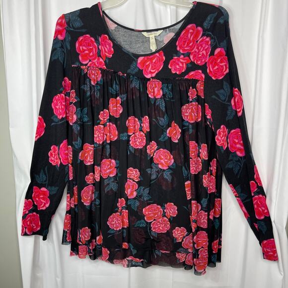 Matilda Jane shirt blouse top women's XL pink and red roses on black stretchy - Picture 13 of 16